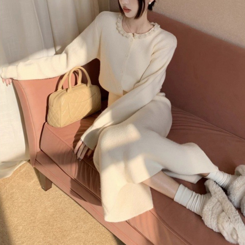 春秋新款长袖毛衣针织开衫重工钉珠温柔套装高腰半身长裙子两件套|undefined