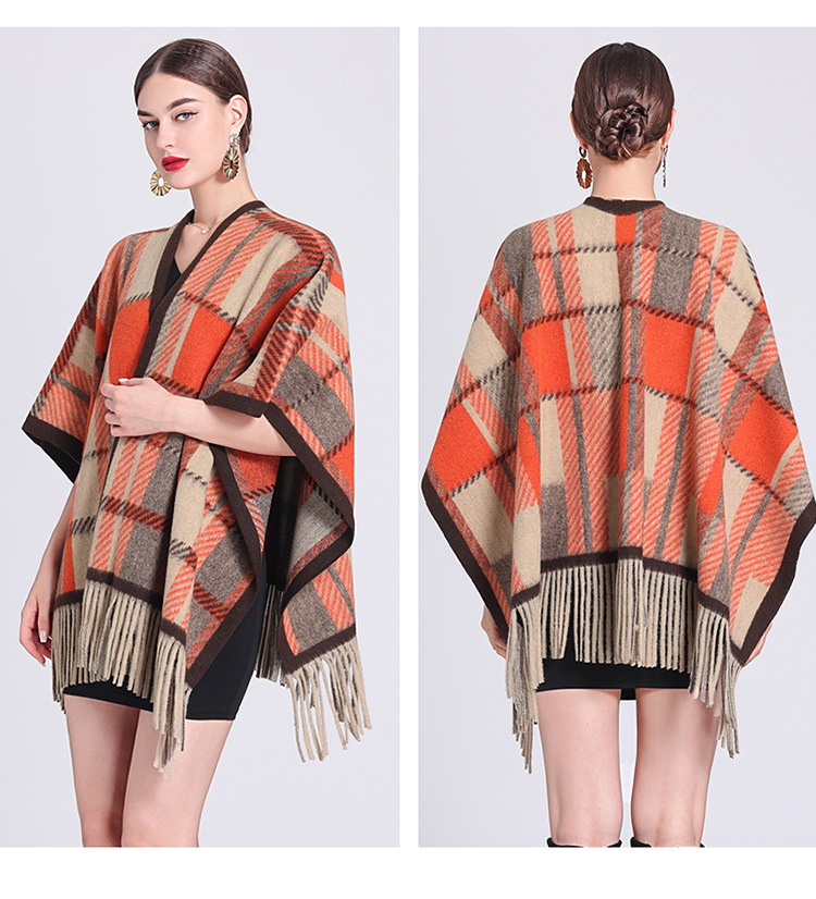 Schalumhang Damen karierte Strickjacke mit Fransen karierter Umhang Schal Wollmantel_voghion.com