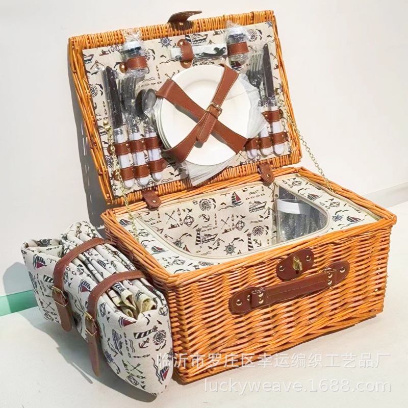 Cesta de picnic de mimbre para 4 personas, cesta de picnic de ratán, cesta de picnic para exteriores, cesta de picnic de sauce, en stock, dropshipping disponible