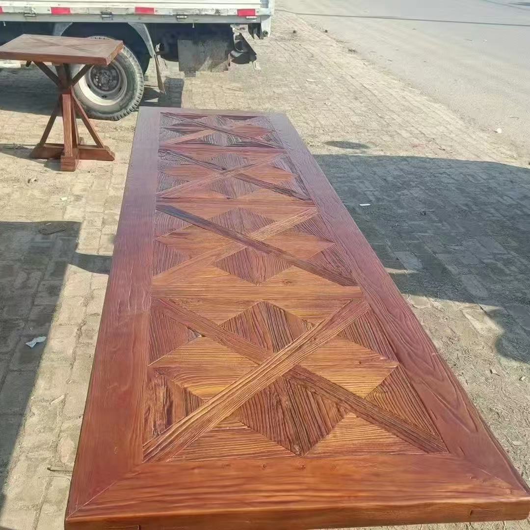 Old Elm Parquet Table B&B Commercial Retro Dining Table Solid Wood Large Table Restaurant Hotel Wooden Weathered Parquet Table