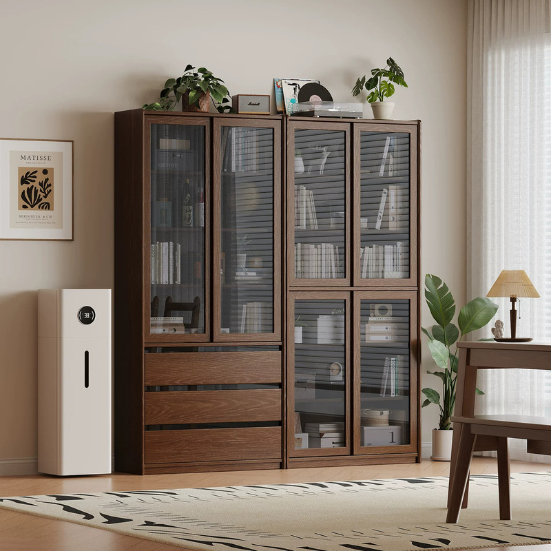 Solid wood bookcase with glass sliding doors, storage cabinet, floor-standing, simple and modern design, suitable for home living rooms, large bookshelf, display cabinet