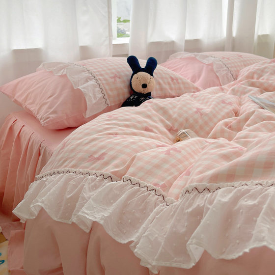 Princess wind fairy cotton sweet lace four-piece cotton bedding sheets bed skirt bed hat bed bag set