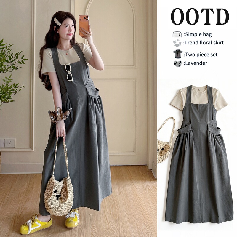 Real Shot of Pregnant Women's 2026 Gray-Green Long Square-Neck H-Shaped Twist-Knot Sleeveless Halter Dress + Short-Sleeve T-Shirt Set