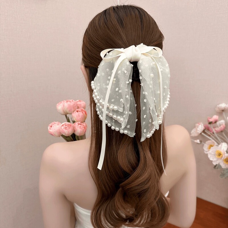 スーパーフェアリー多層リボンハーフタイヘアビーズクリップ女性の後頭部用新しいスタイルのシャーククリップハイエンドヘアクリップ|undefined