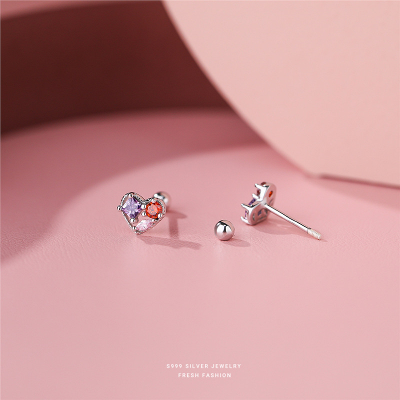 S999 Silver Zircon Heart Stud Earrings Simple Sweet Versatile_voghion.com
