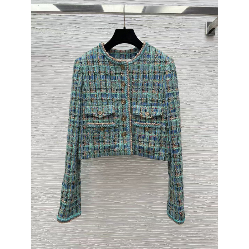 2025 Autumn Haute Couture Workshop Series Tweed Jacket Women's Fabric Peacock Blue Beautiful Top