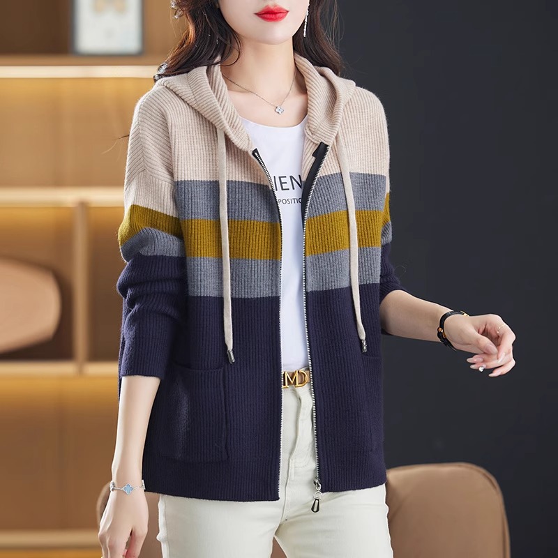 2025 Spring and Autumn Color Block Striped Double Zipper Hooded Knitted Cardigan Women's Loose Slim Sweater Top Tops