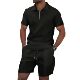 Amazon summer cross-border men's new waffle zipper lapel short sleeve solid color T-shirt shorts casual suit