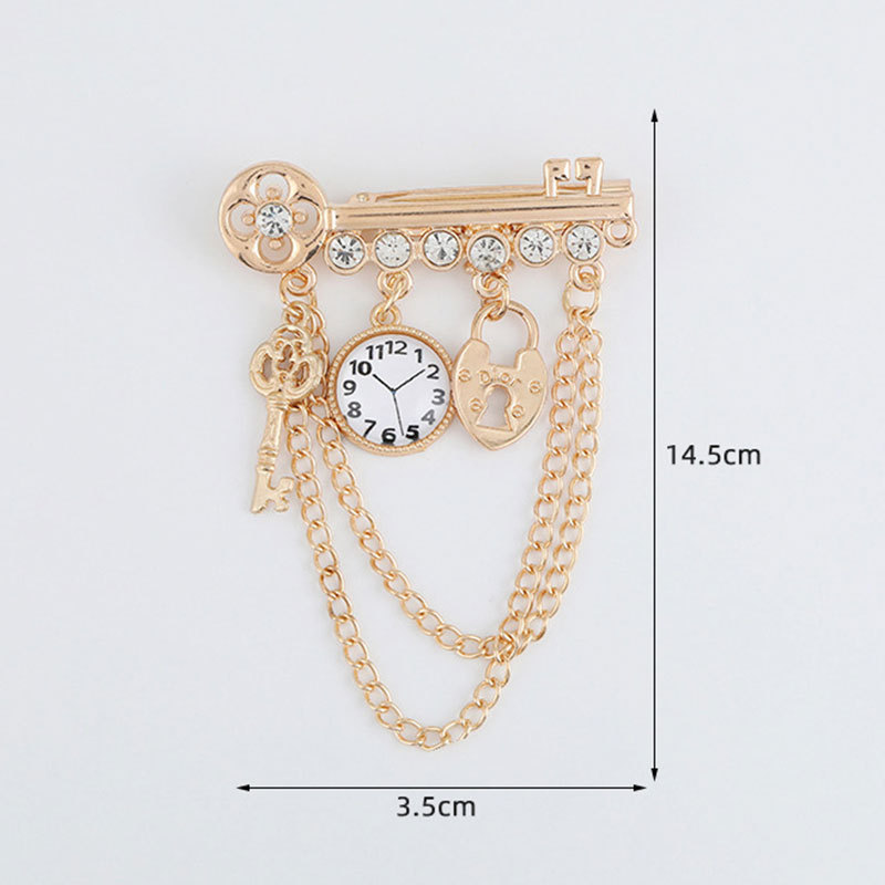 Spilla decorativa a forma di orologio con chiave, in stile britannico, spilla da uomo alla moda e personalizzabile con catena, ideale per abiti e abbigliamento formale._voghion.com