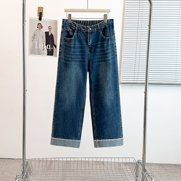 Autumn stylish loose-fitting slimming straight-leg cuffed jeans plus size women's clothing 150kg for plus-size women early autumn