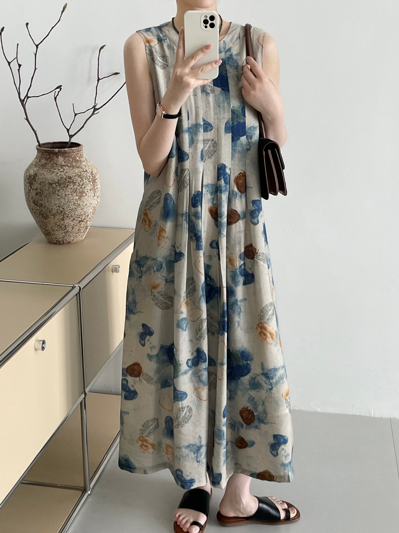 タオカワレトロ新中国風インク汚れバックレースアッププリーツプリントノースリーブベストドレス女性のための 2572