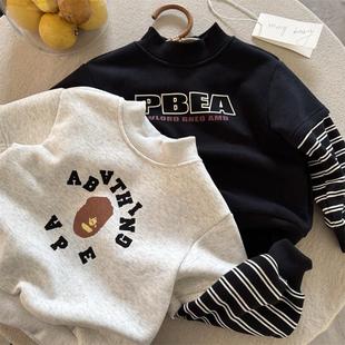 Ready in Stock and Shipped in Seconds! Children's Velvet Sweatshirt Boys Winter Half Turtleneck Velvet Sweater Baby Fake Two-Piece Pullover Top Trendy