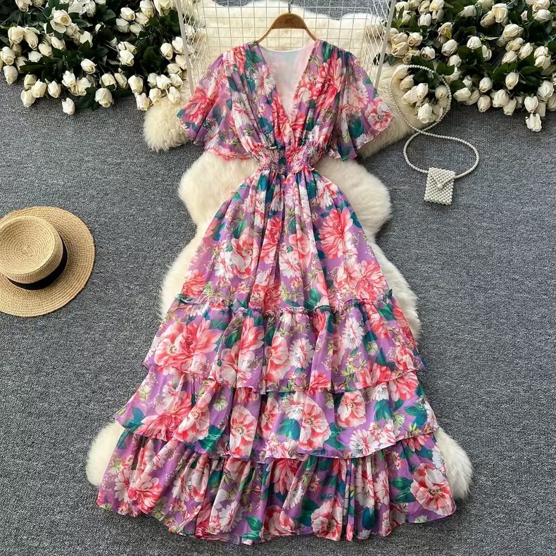 Floral Maxi Dress – High Waist Chiffon A-Line Dress With Ruffled Sleeves (One Size, V-Neck, Elegant Occasion Wear)_ecoleips.com