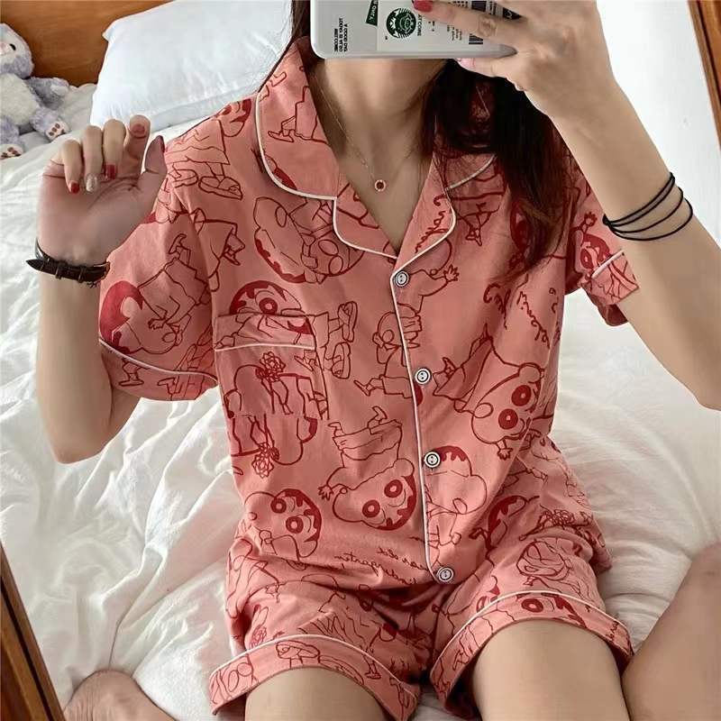 2025 lindo traje de pijama de lunares de oso de estilo ins para mujer cárdigan de cuello redondo de verano suelto y se puede usar en el hogar