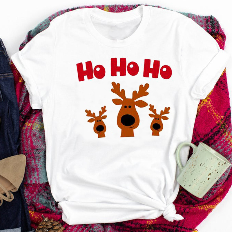 2021 Western Style Cute Christmas Elk T-shirt Short-sleeved Top Women's Parent-child All-match Children's Christmas T-shirt