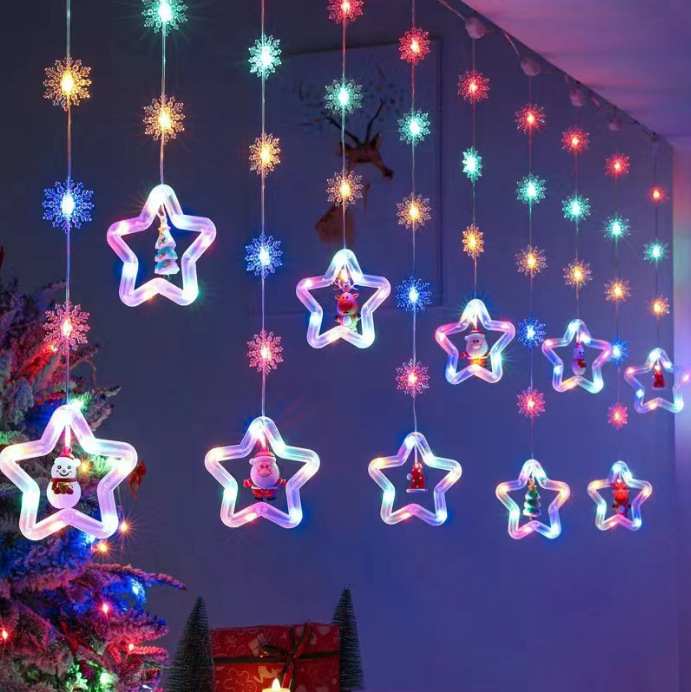 Navidad LED luz decorativa estrella de cinco puntas Luz de cortina árbol de Navidad Cadena de luz ventana linterna estrella luz de color
