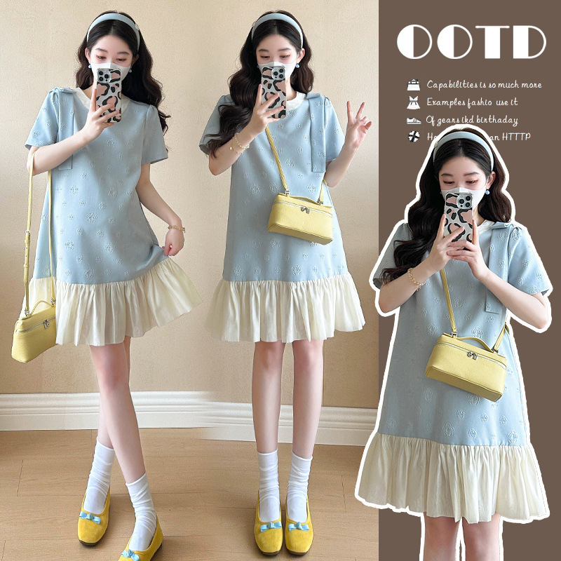 Maternity Wear 2025 Summer Patchwork Short Floral Dress Korean Style Elegant Lazy Style Dress for Petite Figures, Conceals Imperfections and Makes You Look Slimmer