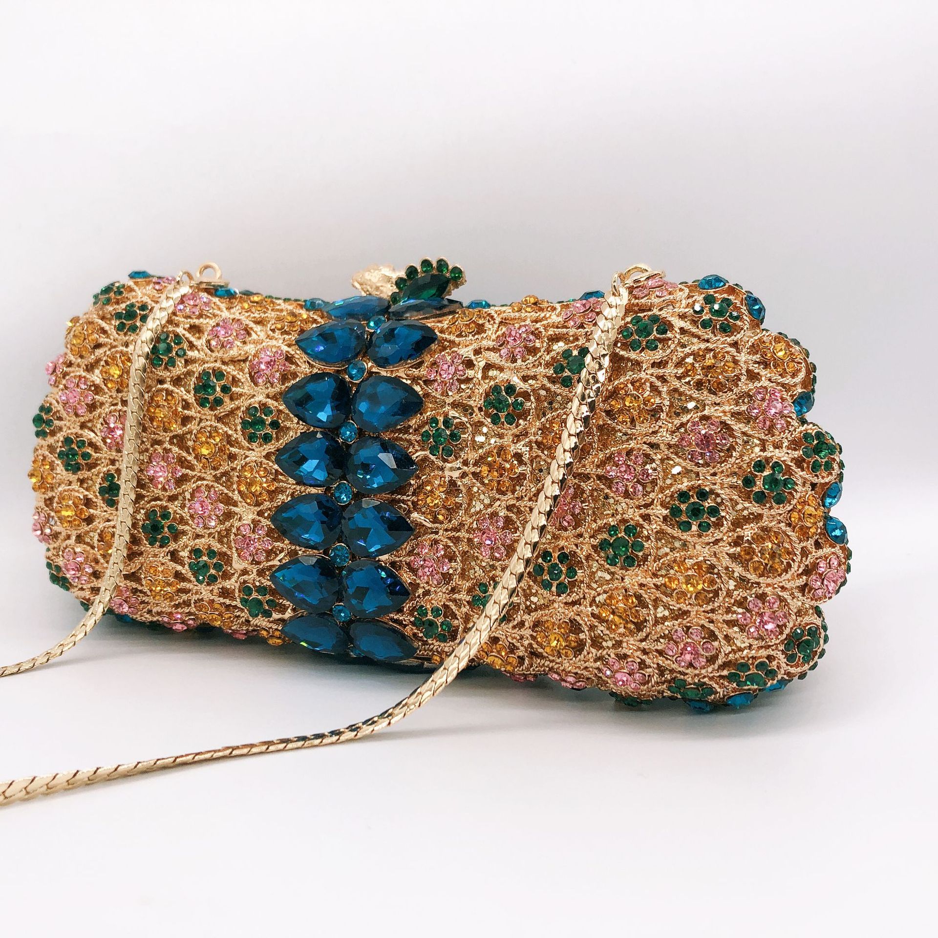 Túi clutch dạ tiệc đính kim cương rỗng kiểu mới — Vàng đáy lỗ màu xanh lá, Nền vàng ngọc xanh lam, Màu đen, Tím Nhiều màu chi tiết 7