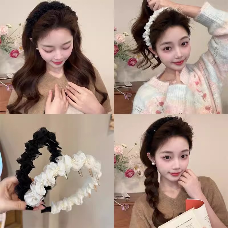 Dulce malla de perlas negras onduladas bandas de cabello para mujeres de alto nivel de sensación de cabello flojo raíz clip de cabello alto cráneo cara pequeña bandas de cabeza