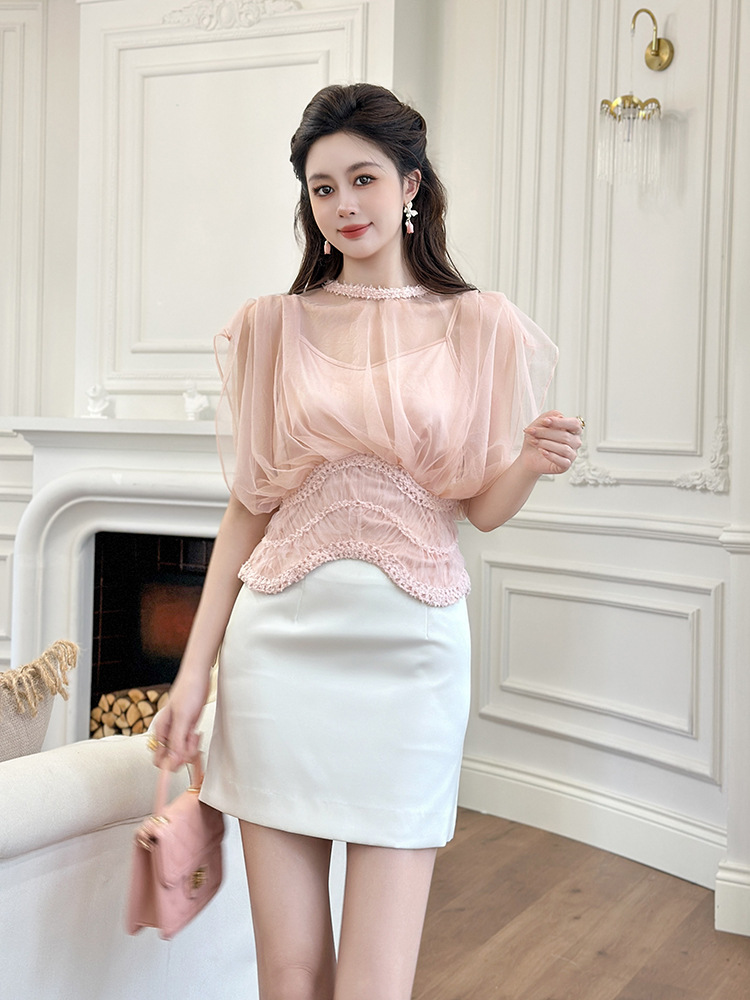 Áo lưới nữ phong cách Pháp tay cánh dơi thắt eo giả hai mảnh — hồng