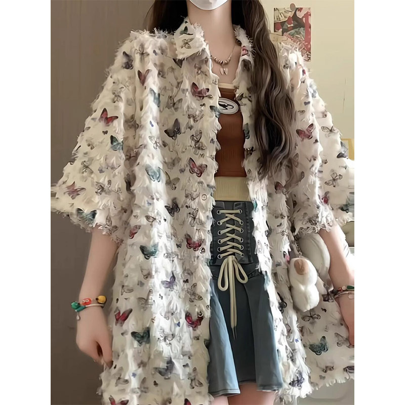 Official Figure Real Price Chic Butterfly Short-sleeved Shirt Jacket Women's Summer Design Sense Niche Art Sense Shirt Top Official Figure Real Price Chic Butterfly Short-sleeved Shirt Jacket Women's Summer Design Sense Niche Art Sense Shirt Top