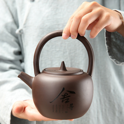Purple sand handle pot ceramic kung fu tea set gift box simple Chinese style household teapot tea cup retro style handmade boutique