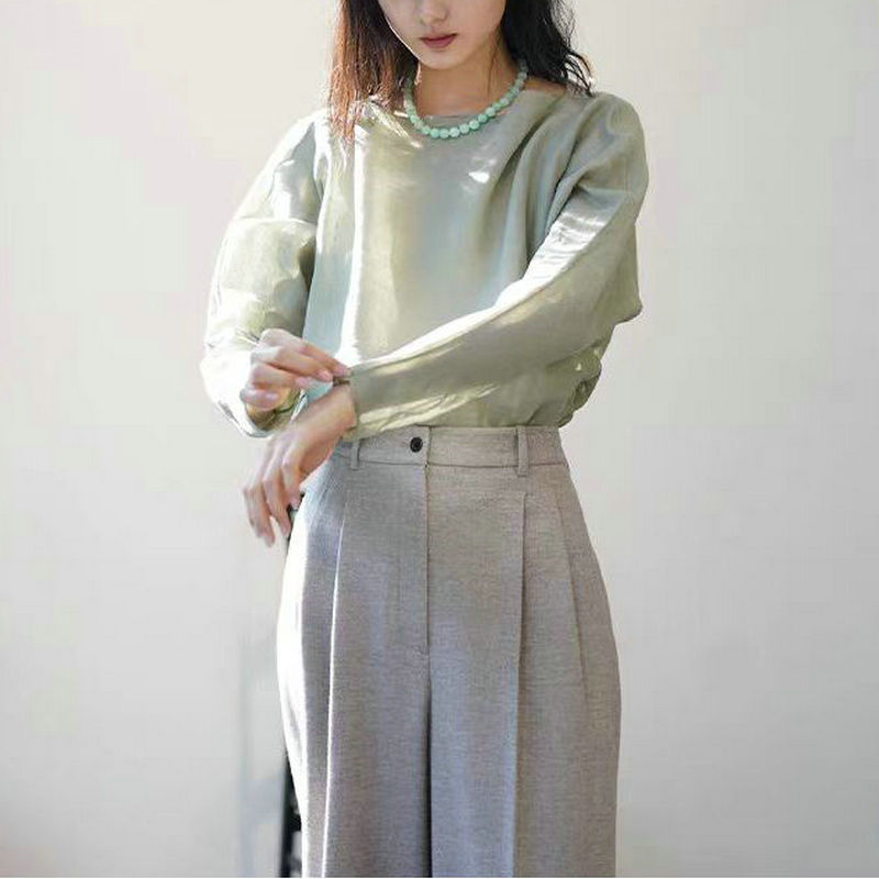 Spanish Brand Boat Collar Ramie Bat Long Sleeve Shirt Ramie Texture Loose Top Multi-color Choice