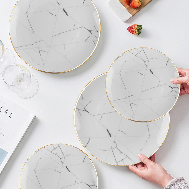 Simple Marble Style Bone China Dinner Plate Set Hotel Restaurant Household Fruit Steak Plate Coffee Cup Saucer