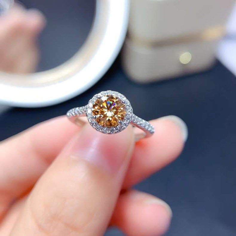 New Fashion Simple Round Moissan Diamond Morganite Sunset Stone Color Open Ring display picture 5