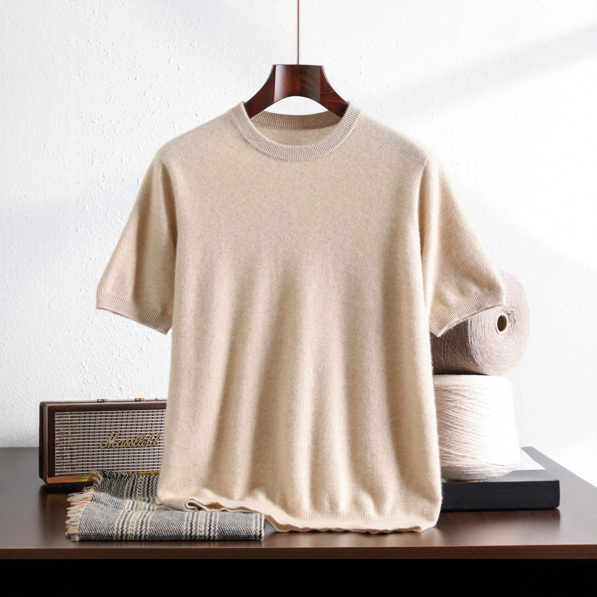 Men's short-sleeved 100% pure cashmere sweater, round neck, plain knit, loose fit, casual style, suitable for young and middle-aged men, new autumn collection