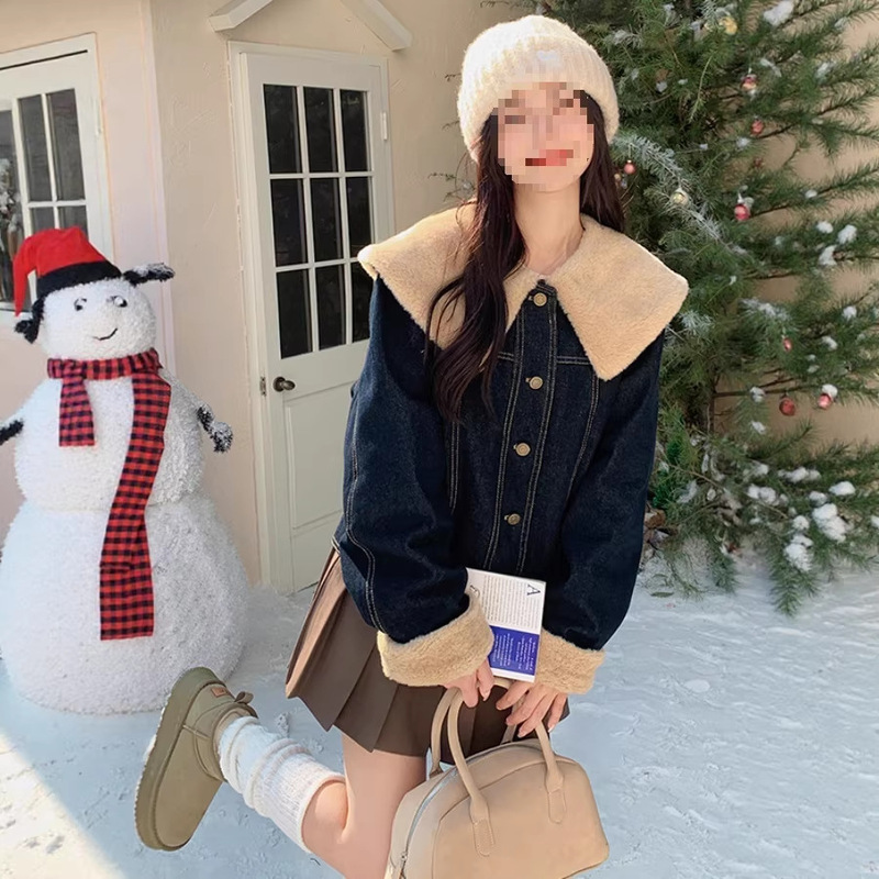 Dark Blue Navy Collar Denim down Jacket for Women 2024 Winter Hong Kong Style Design Thickened White Duck down Parka