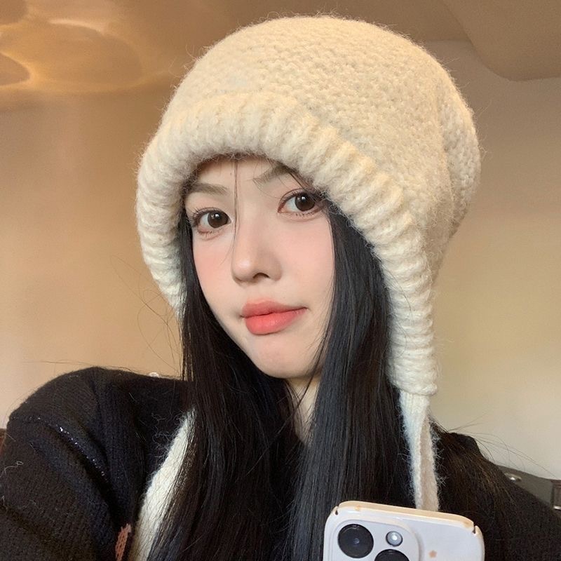 秋冬季女百搭帽子韩版保暖护耳宽松大头围毛绒绒显脸小包包毛线帽|undefined