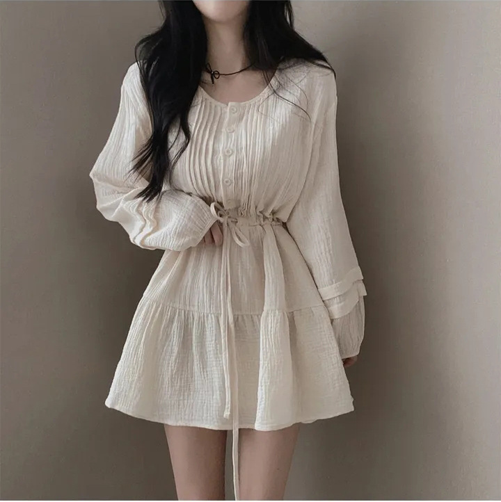 Korean Chic Early Spring French Gentle Style Fashionable Versatile Trendy Dress with Pleated Patchwork and Tie Waist