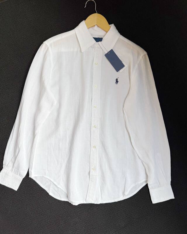 Áo sơ mi nữ tay dài cổ ve thêu hình ngựa nhỏ chất liệu lanh phối cotton dáng suông — Nâng cấp trắng tinh khiết