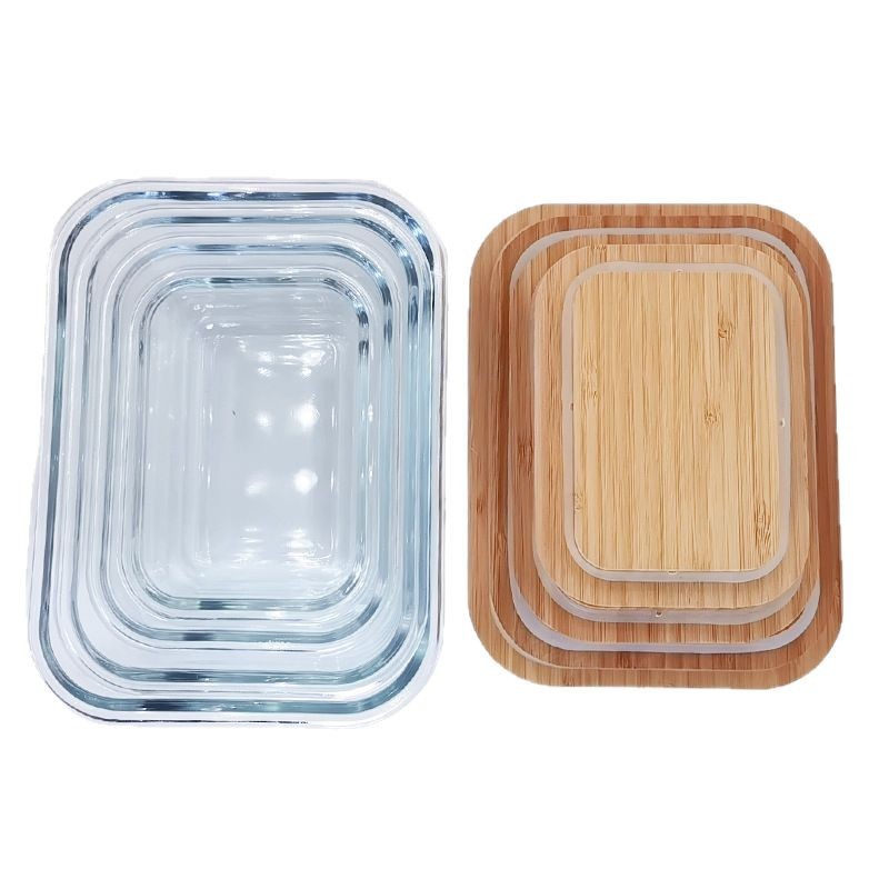 Venta directa de fábrica caja de conservación fresca sellada lonchera rectangular lonchera de picnic caja de conservación de vidrio con tapa de bambú y madera al por mayor