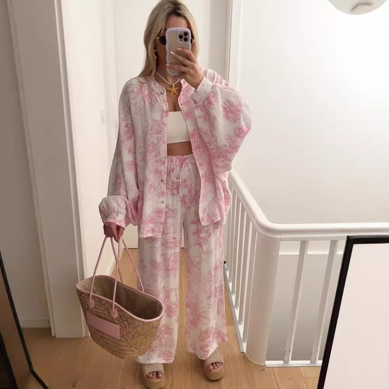 2024 European and American style fashion leisure printed long sleeve shirt trousers ladies suit cross-border Amazon two-piece suit 2024 European and American style fashion leisure printed long sleeve shirt trousers ladies suit cross-border Amazon two-piece suit