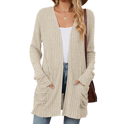 Amazon Europe and US Cross-Border Foreign Trade 2024 Autumn/Winter New Solid-Color Pocket Long-Sleeved Base Cardigan Knit Sweater in Stock