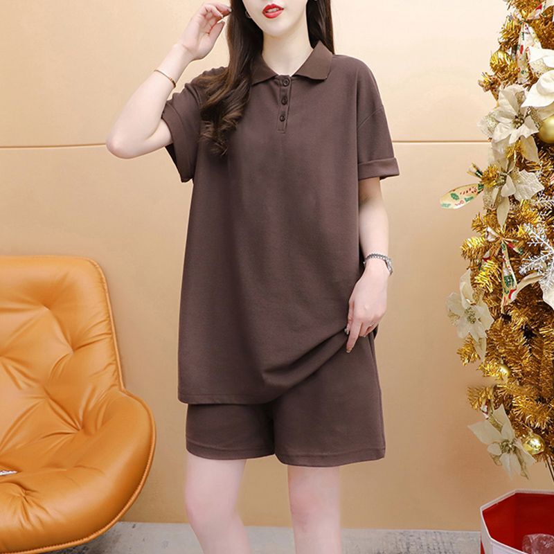 Sports Style T-Shirt Shorts Suit for Women 2025 Summer New Pure Color Niche Short-Sleeved Polo Collar Top Hot Pants Two