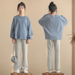 2023 Autumn/Winter Korean Style Fleece-Lined Thick Warm Hooded Top Lantern Sleeve Loose Casual Sweatshirt Elastic Slimming Bell Bottom Pants