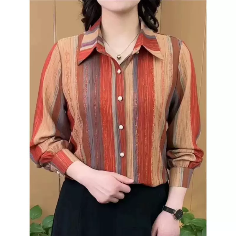 2025 Весна-Осень Новые Топы Модные Женские Рубашки для Женщин Среднего и Пожилого Возраста Длинные Рукава Кардиганы для Мам Свободные Рубашки с Цветочным Принтом Тонкие