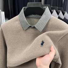 针织打底衫秋冬男士毛衣衬衫领假两件上衣男冬季时尚保暖长袖