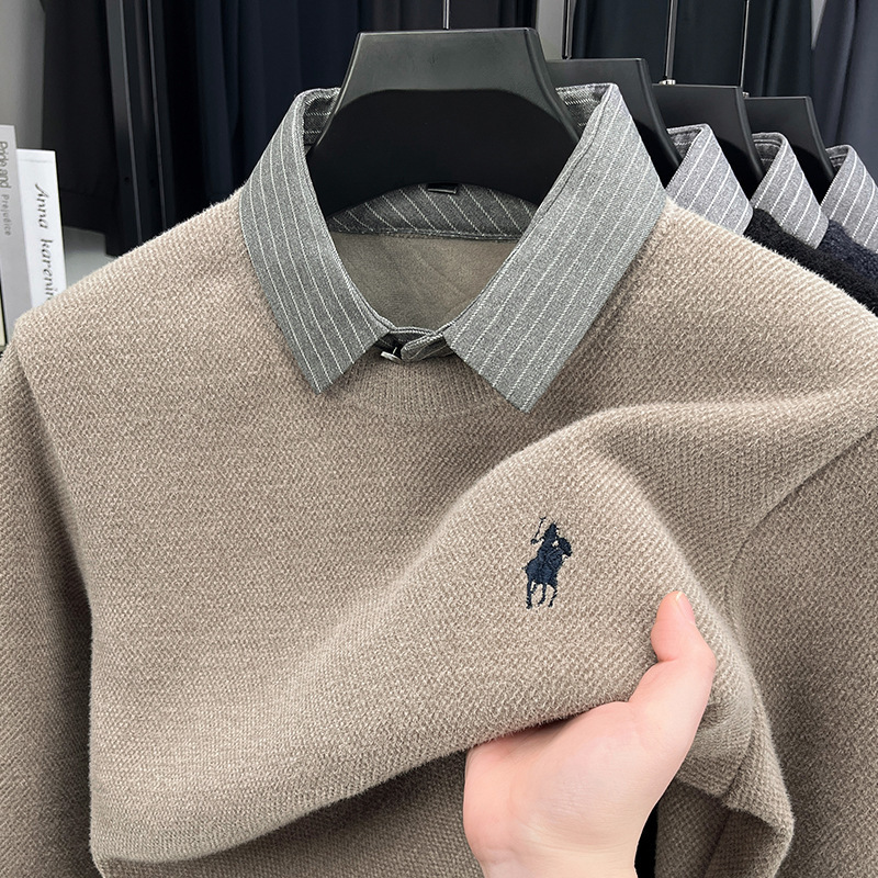 针织打底衫秋冬男士毛衣衬衫领假两件上衣男冬季时尚保暖长袖