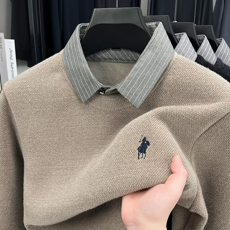 Вязаная нижняя рубашка, осенне-зимний мужской свитер, рубашка с воротником, искусственный топ из двух предметов, мужской зимний модный теплый длинный рукав