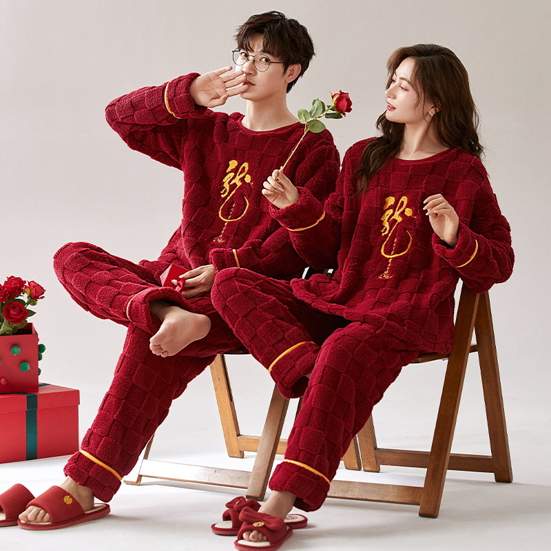 Pijamas de pareja roja engrosada coral polar Otoño e Invierno de las mujeres año de nacimiento boda festivo hombres de franela homewear