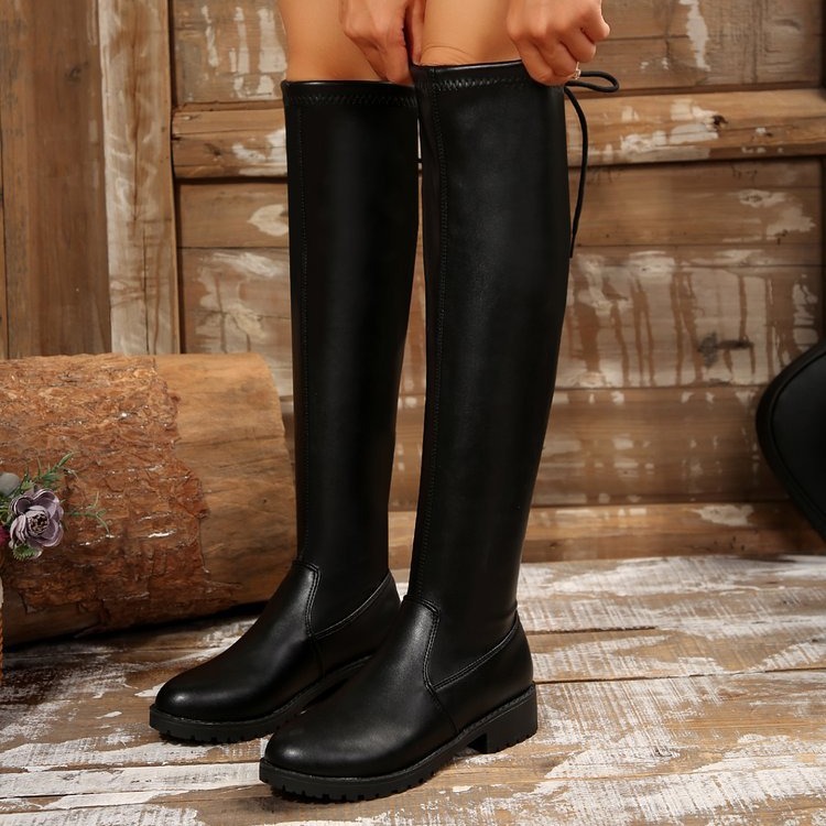 2024 nieuwe plus size elastische laarzen voor dames, dikke hak, achterband, hoge snit, afslankende leren laarzen, ridderlaarzen_voghion.com