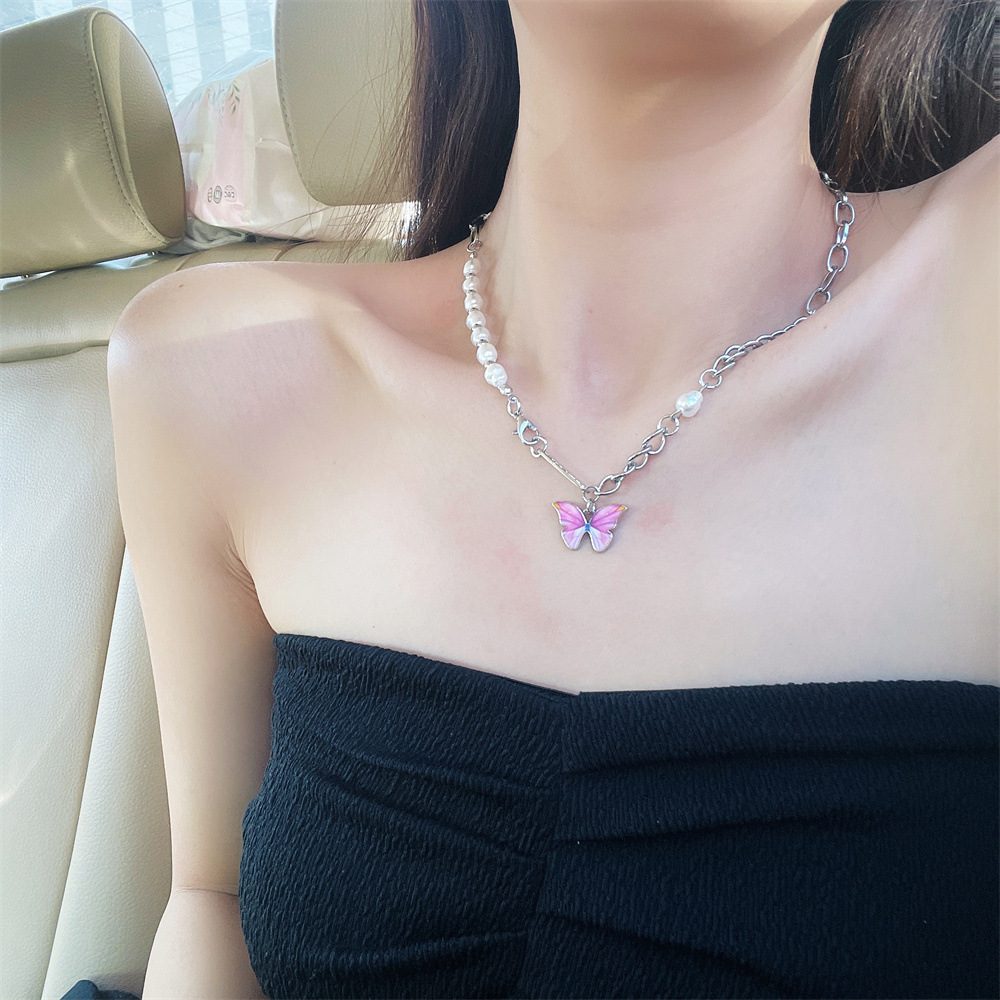 Sweet Butterfly Copper Enamel Pearl Plating Pendant Necklace 1 Piece