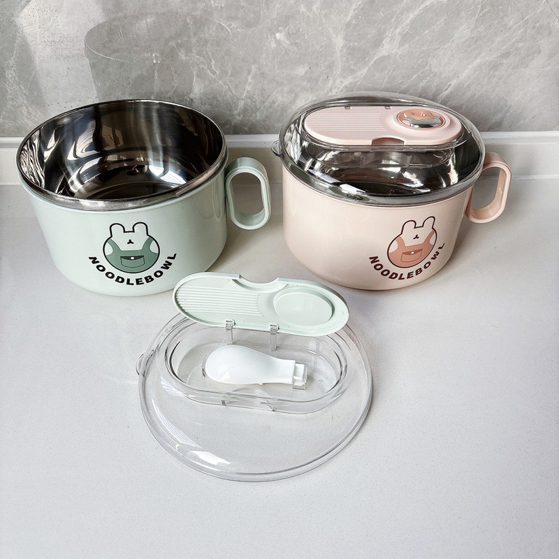Large-Capacity Stainless Steel Instant Noodle Bowl with Lid, Cute Double-Layer Anti-Scalding Tea Pot with Handle, Canteen Rice and Soup Bowl Wholesale