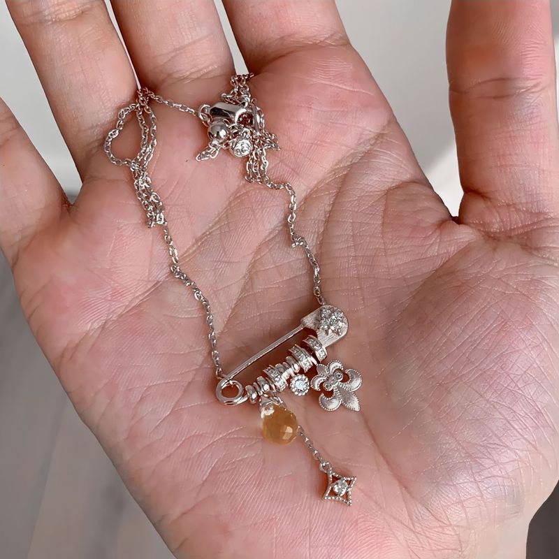 S925纯银中古拉丝鸢尾花星芒别针项链女轻奢小众设计高级感锁骨链|undefined