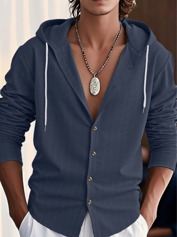 Men's Casual Striped Linen Blend Hooded Shirt Long Sleeve Top_voghion.com