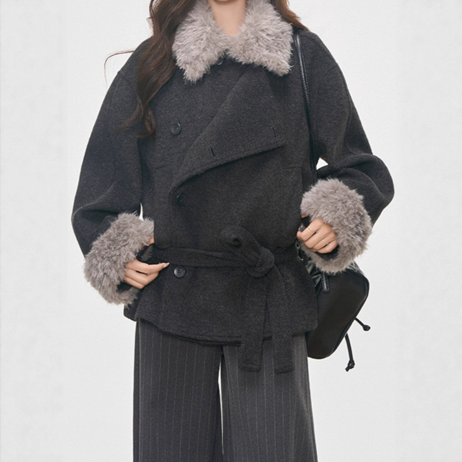 Korean-Style Design Niche Soft Comfortable Versatile Fur Collar Thick Wool Coat Jacket for Petite Women High-End